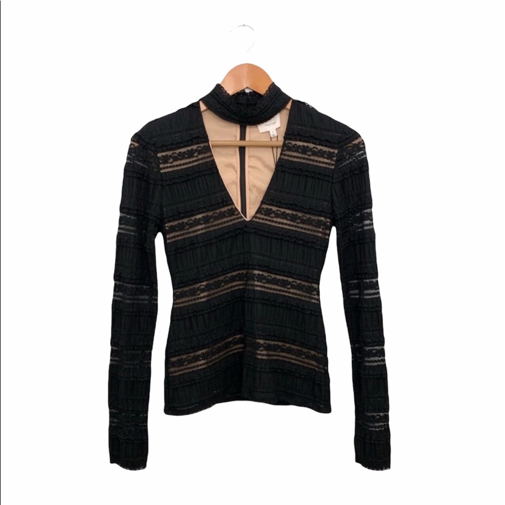Cinq A Sept Cecily Lace Choker V-Neck Black Blouse